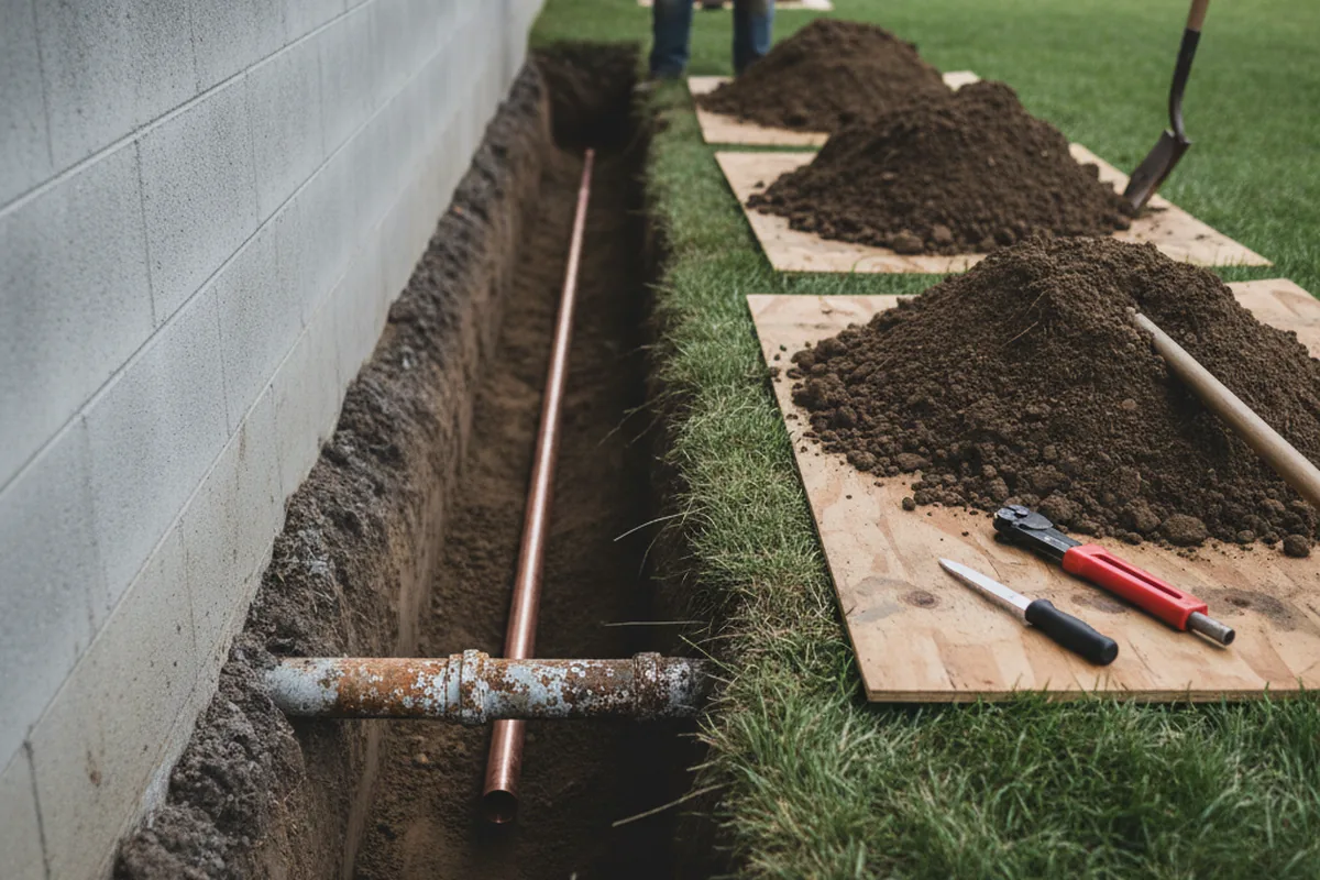 Excavated water line trench during Sewer Line Repair in Jamaica